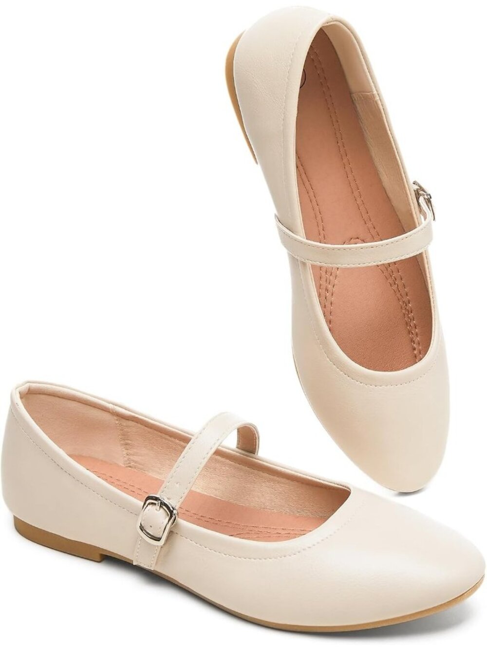Women's Apricot Leather Mary Janes Ballet Flats Memory Foam Insole Dress Shoes